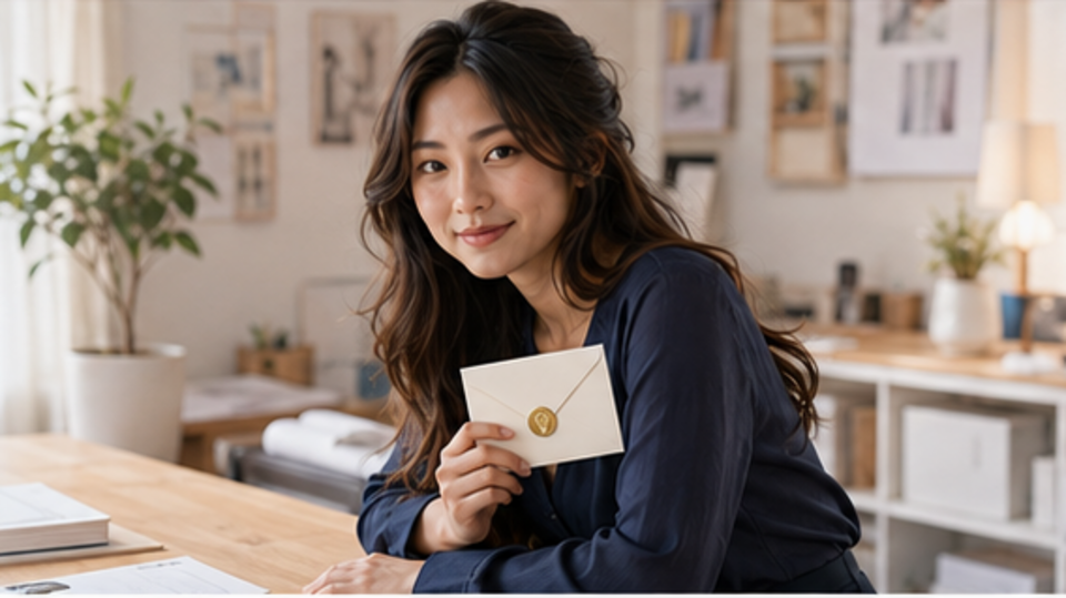 Maya smiling at the viewer while holding a sealed envelope in her creative studio.