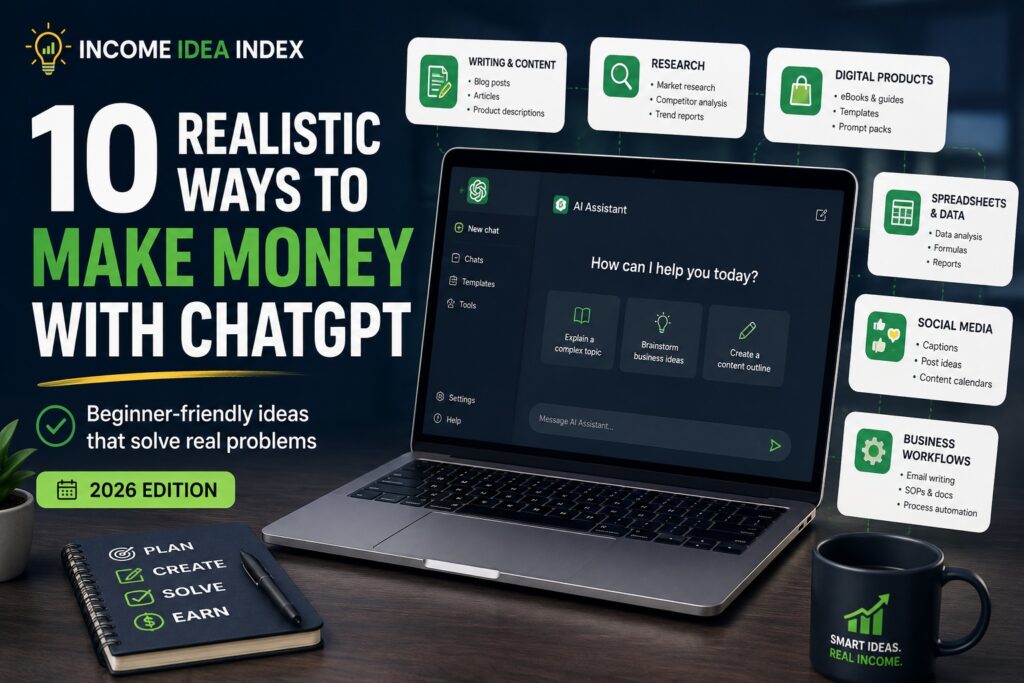 10 realistic ways beginners can use ChatGPT to make money in 2026, including writing, research, digital products, spreadsheets, social media, and business workflows.