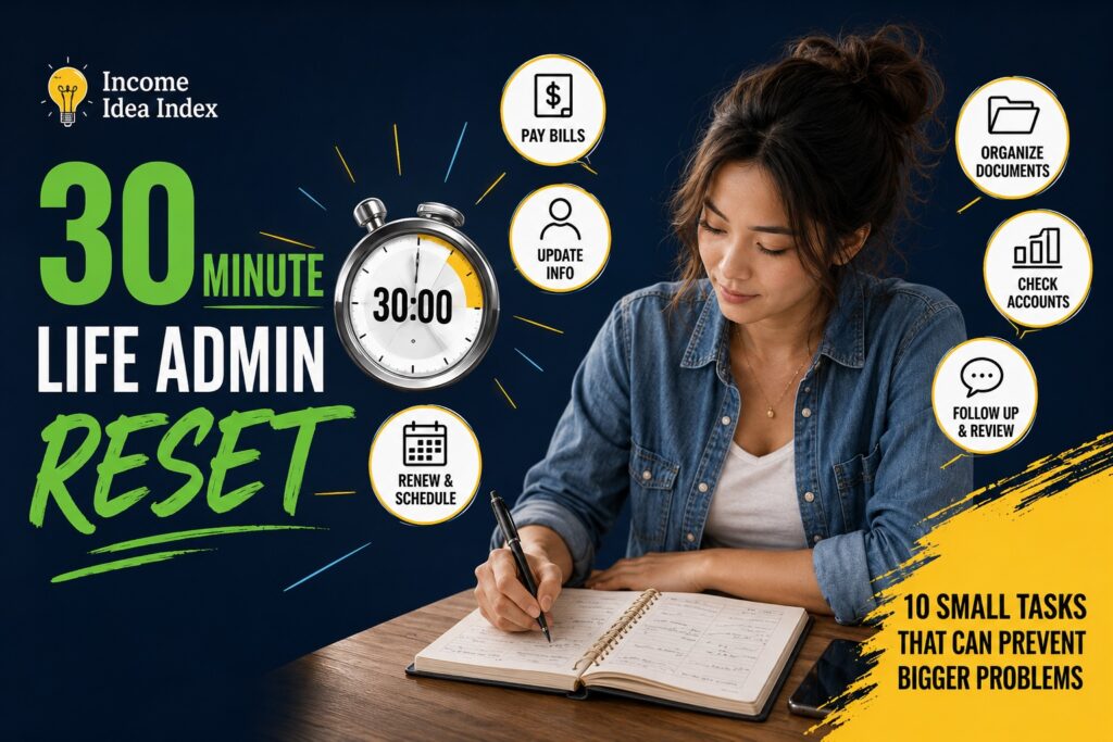 Maya completing a 30-minute life admin reset with a planner, timer, bills, account checks, and other small administrative tasks.