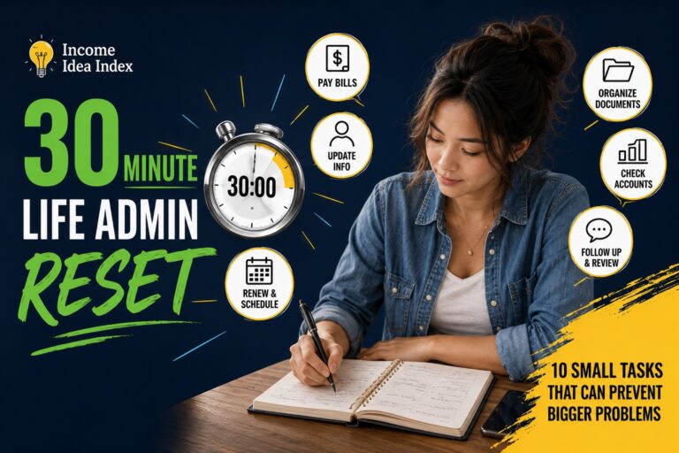 Maya completing a 30-minute life admin reset with a planner, timer, bills, account checks, and other small administrative tasks.