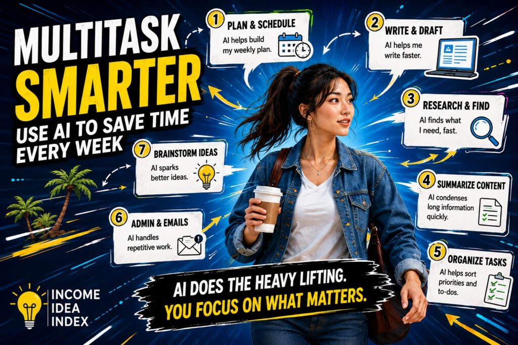 Maya surrounded by seven practical ways to use AI to save time, including planning, writing, research, summarizing, organizing, admin, and brainstorming.