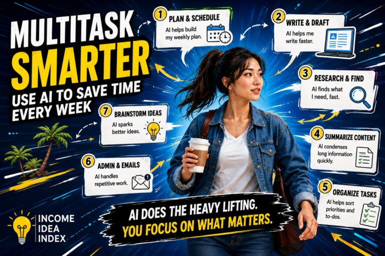 Maya surrounded by seven practical ways to use AI to save time, including planning, writing, research, summarizing, organizing, admin, and brainstorming.