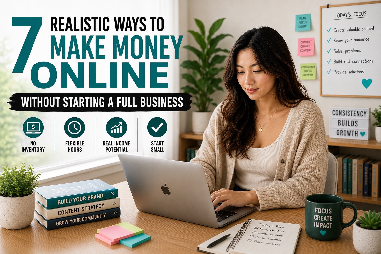 7 realistic ways to make money online through freelancing, AI services, digital products, affiliate marketing, content creation, teaching, and business services