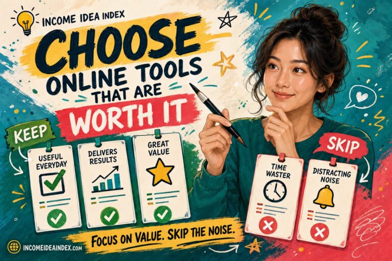 Illustrated Income Idea Index feature image showing Maya comparing online tools, highlighting which ones to keep for value and which ones to skip.