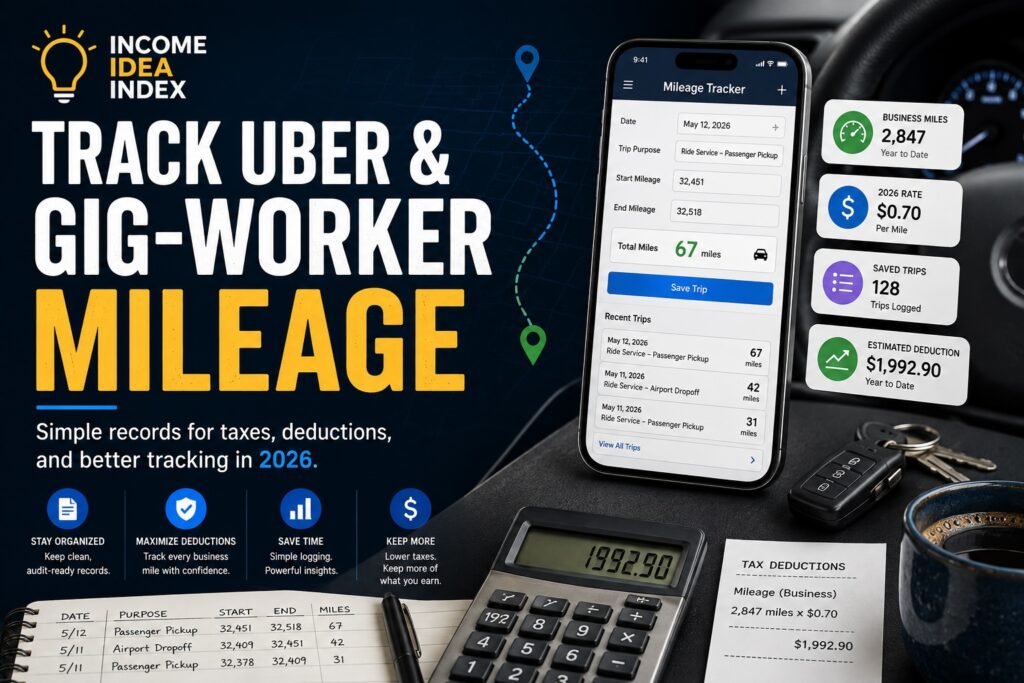 Gig-worker mileage tracker for Uber and delivery drivers with business miles, trip records, and 2026 tax deduction information.