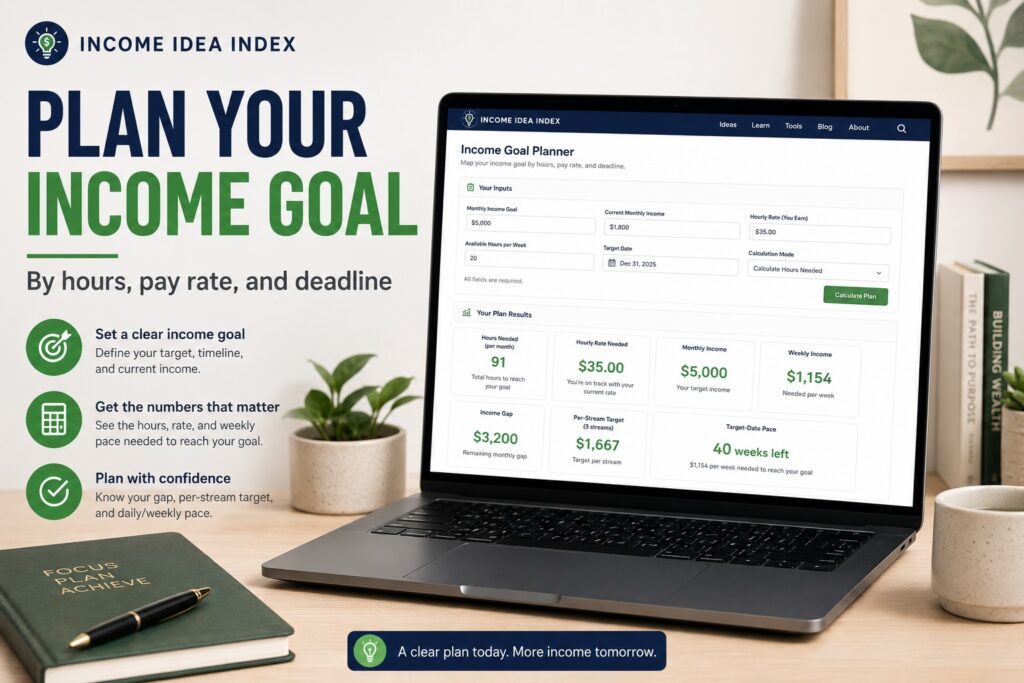 Income Goal Planner showing hours, pay rate, deadline, and income targets