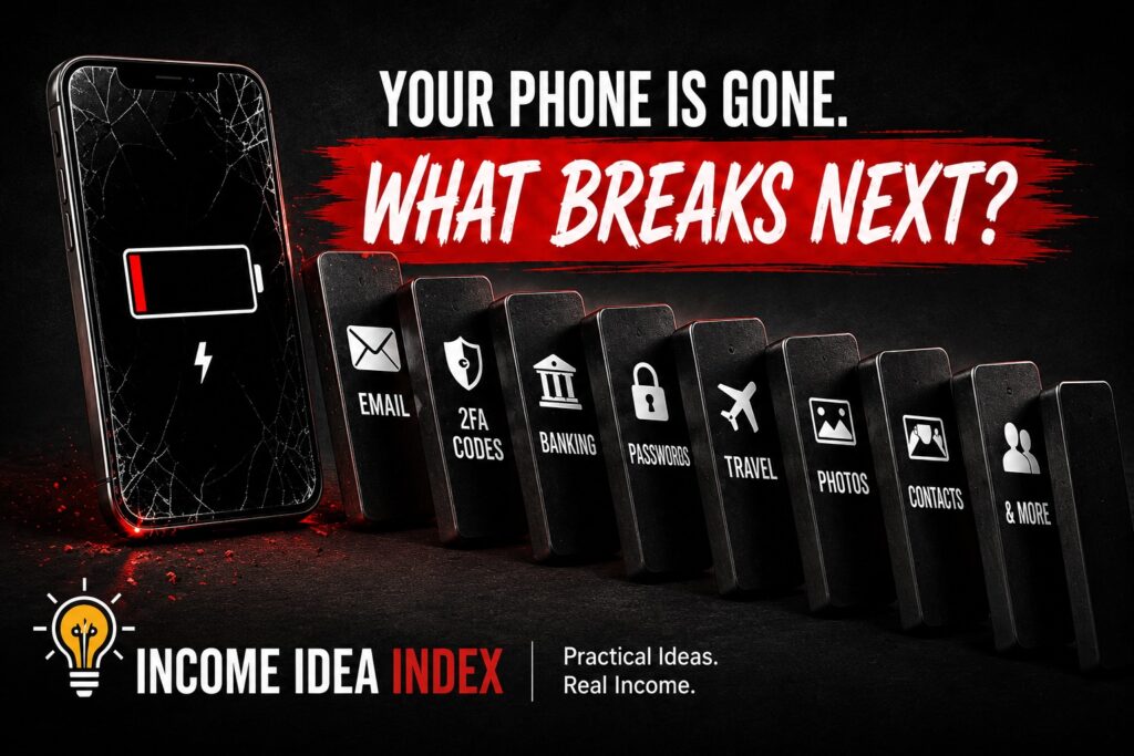 Lost phone digital emergency plan showing email, banking, passwords, 2FA, travel, photos, and contacts falling like dominoes