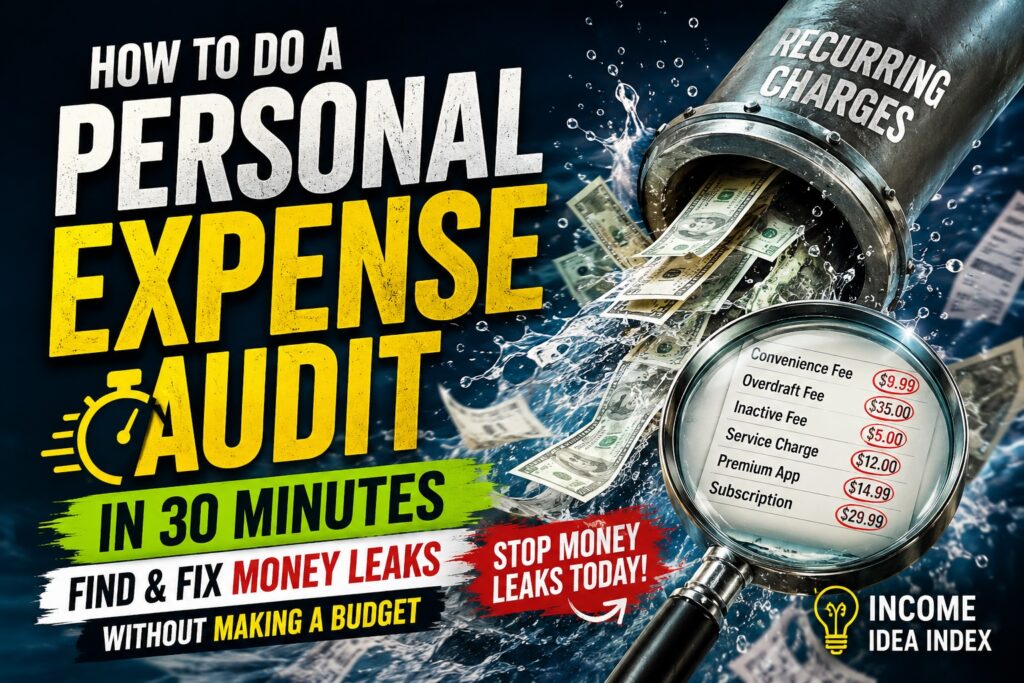 Personal expense audit concept showing money leaking from recurring charges while a magnifying glass highlights fees and subscriptions.
