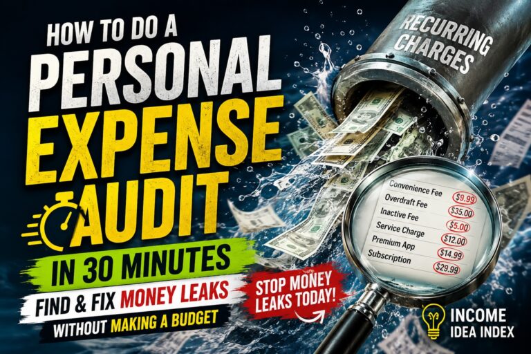 Personal expense audit concept showing money leaking from recurring charges while a magnifying glass highlights fees and subscriptions.