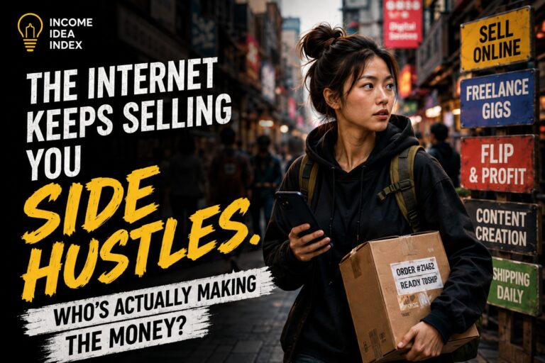 Maya holding a shipping box and phone on a city street surrounded by side hustle signs