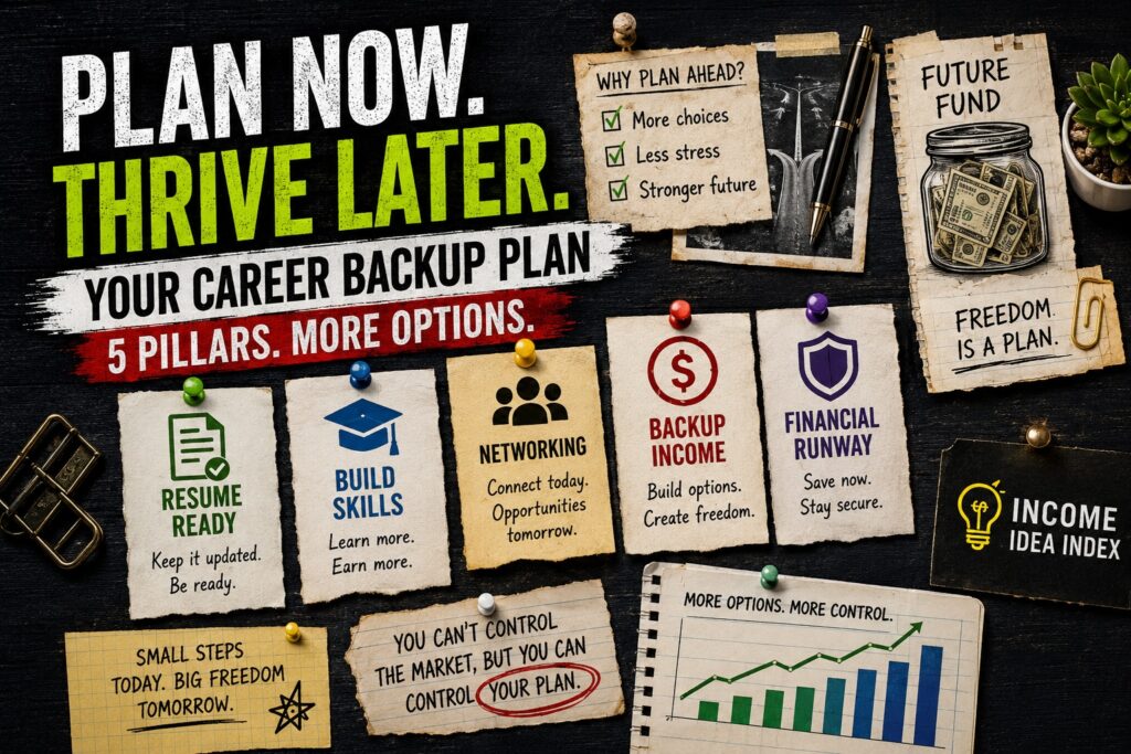 Career backup plan infographic showing resume readiness, skills, networking, backup income, and financial runway.