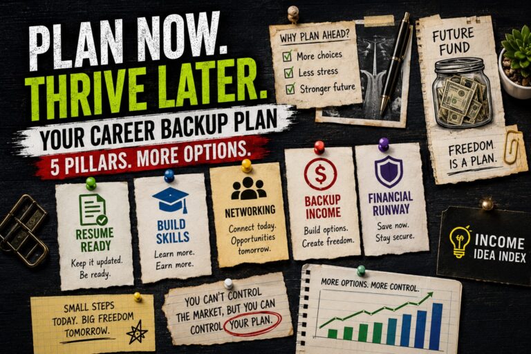Career backup plan infographic showing resume readiness, skills, networking, backup income, and financial runway.