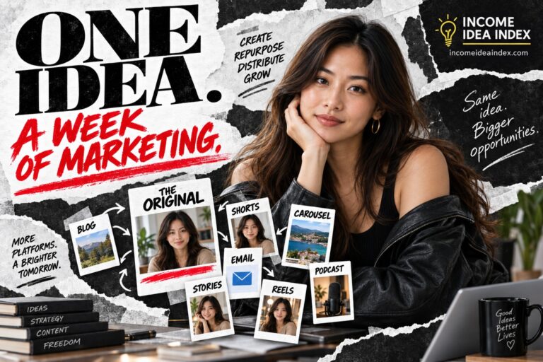 Maya from Income Idea Index in an editorial collage showing one original piece of content being repurposed into blog posts, Shorts, email, carousels, stories, Reels, and podcasts.