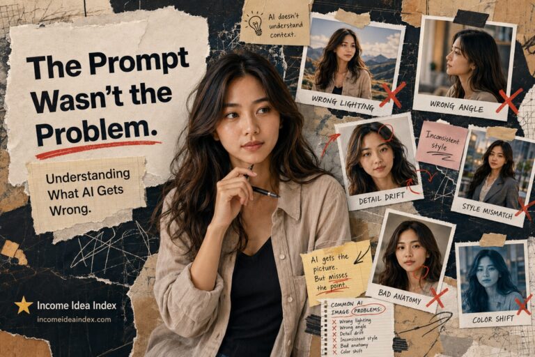 Editorial collage featuring Maya surrounded by AI-generated image mistakes, notes, and visual corrections for an article about why AI image generators get things wrong.